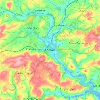 Mapa topográfico Totnes, altitud, relieve