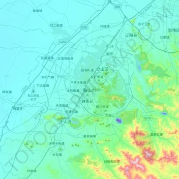 Mapa topográfico Anshan, altitud, relieve