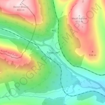 Mapa topográfico Tyndrum, altitud, relieve