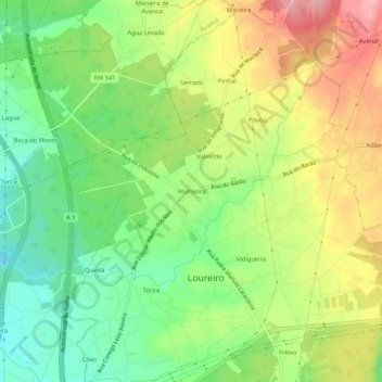 Mapa topográfico Alumieira, altitud, relieve