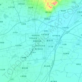 Mapa topográfico 新乡市, altitud, relieve