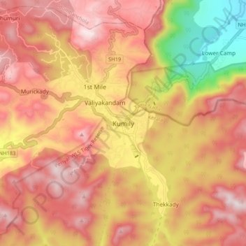 Mapa topográfico Kumily, altitud, relieve