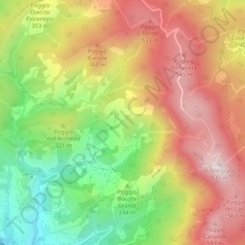 Mapa topográfico Fonte del Romito, altitud, relieve