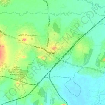 Mapa topográfico Jatani, altitud, relieve