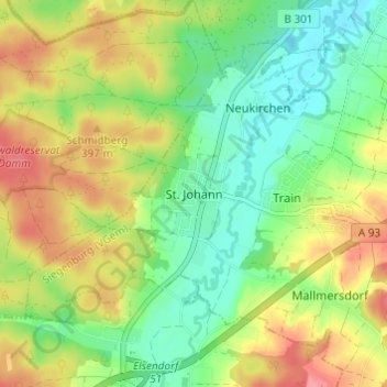 Mapa topográfico St. Johann, altitud, relieve