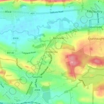 Mapa topográfico Fishcross, altitud, relieve