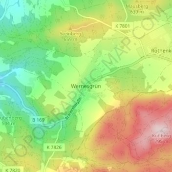 Mapa topográfico Wernesgrün, altitud, relieve