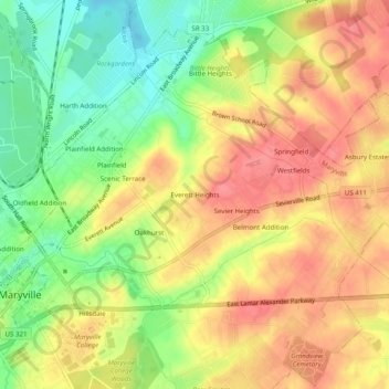 Mapa topográfico Everett Heights, altitud, relieve