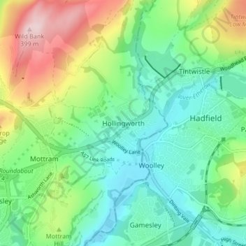 Mapa topográfico Hollingworth, altitud, relieve