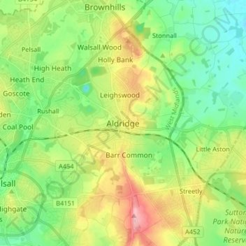 Mapa topográfico Aldridge, altitud, relieve