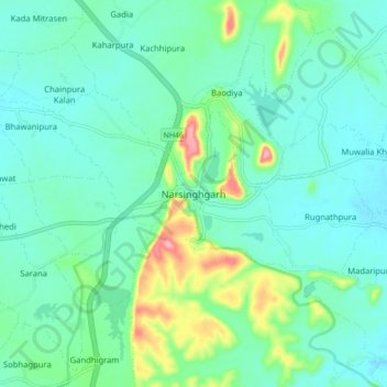 Mapa topográfico Narsinghgarh, altitud, relieve