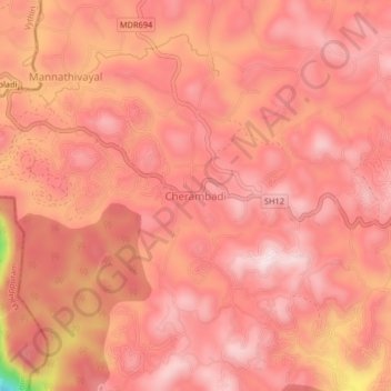 Mapa topográfico Cherambadi, altitud, relieve