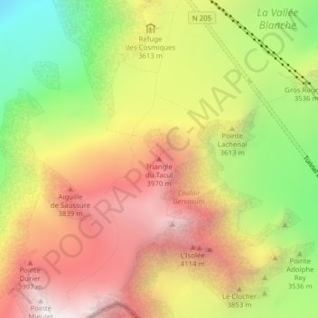 Mapa topográfico Triangle du Tacul, altitud, relieve