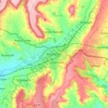 Mapa topográfico Honiton, altitud, relieve