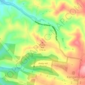 Mapa topográfico Pretty Hill, altitud, relieve