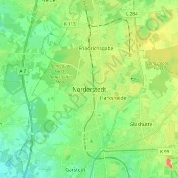 Mapa topográfico Norderstedt, altitud, relieve