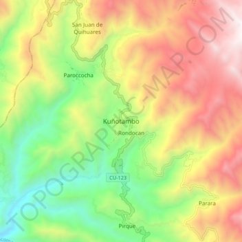 Mapa topográfico Kuñotambo, altitud, relieve