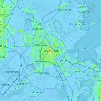 Mapa topográfico Ámsterdam, altitud, relieve