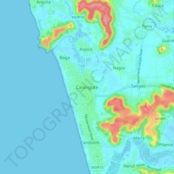 Mapa topográfico Calangute, altitud, relieve