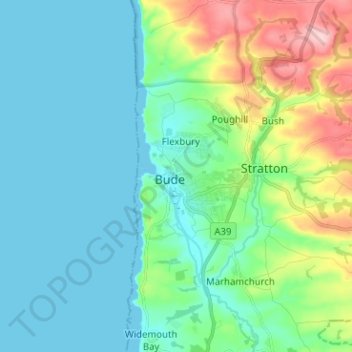 Mapa topográfico Bude, altitud, relieve