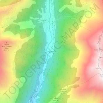 Mapa topográfico Aiguabella, altitud, relieve