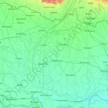 Mapa topográfico Saharsa, altitud, relieve