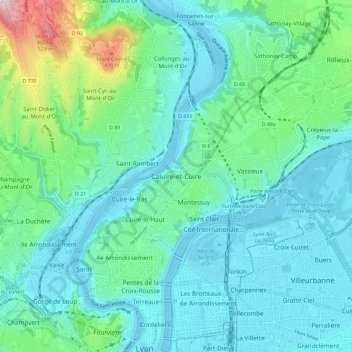 Mapa topográfico Caluire-et-Cuire, altitud, relieve