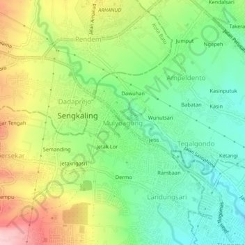 Mapa topográfico Mulyoagung, altitud, relieve