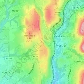 Mapa topográfico Mossley Cross, altitud, relieve