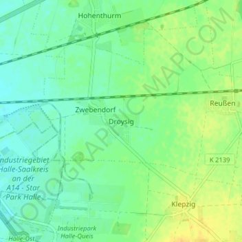 Mapa topográfico Droysig, altitud, relieve
