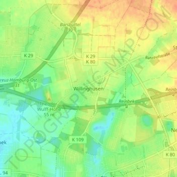 Mapa topográfico Willinghusen, altitud, relieve