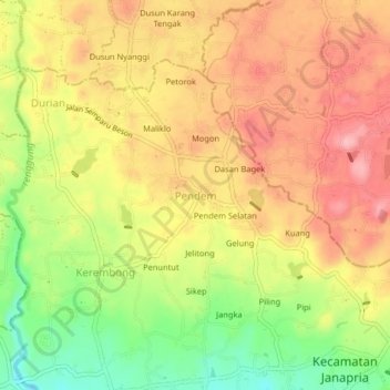 Mapa topográfico Pendem, altitud, relieve