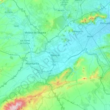 Mapa topográfico Murcia, altitud, relieve