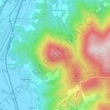 Mapa topográfico Monte Maggiore, altitud, relieve