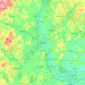 Mapa topográfico Nashua, altitud, relieve