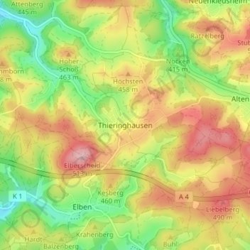 Mapa topográfico Thieringhausen, altitud, relieve