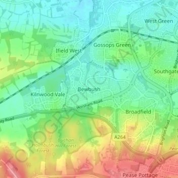 Mapa topográfico Bewbush, altitud, relieve
