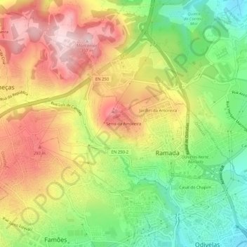 Mapa topográfico Serra da Amoreira, altitud, relieve