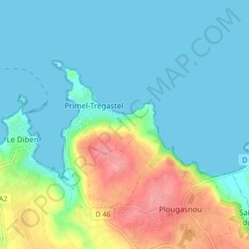 Mapa topográfico Primel, altitud, relieve