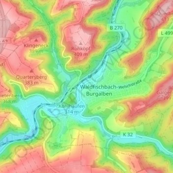 Mapa topográfico Waldfischbach, altitud, relieve