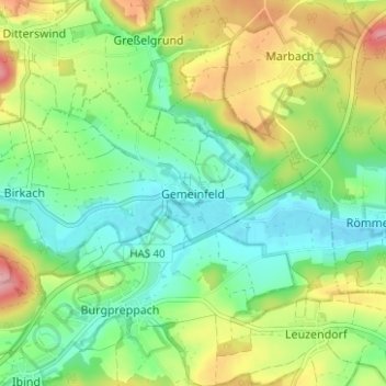 Mapa topográfico Gemeinfeld, altitud, relieve