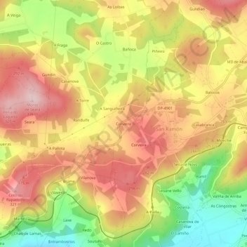 Mapa topográfico Corveira, altitud, relieve