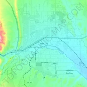 Mapa topográfico Cañon City, altitud, relieve