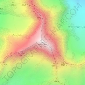 Mapa topográfico Weissmies, altitud, relieve