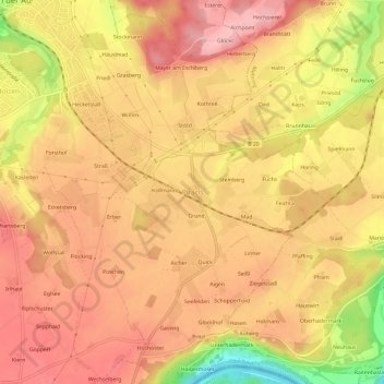 Mapa topográfico Pirach, altitud, relieve