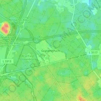 Mapa topográfico Gravenbruch, altitud, relieve