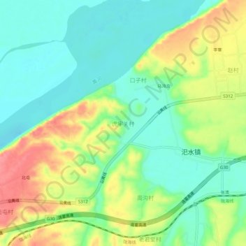 Mapa topográfico 虎牢关村, altitud, relieve