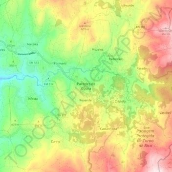Mapa topográfico Paredes de Coura, altitud, relieve