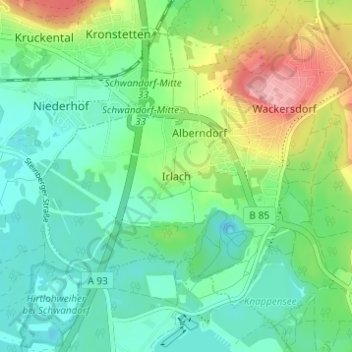 Mapa topográfico Irlach, altitud, relieve