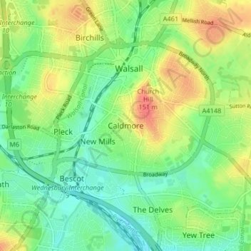 Mapa topográfico Caldmore, altitud, relieve